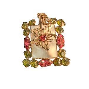 Vintage Pink Green Rhinestone Brooch Pendant Filigree Flower Mother of Pearl